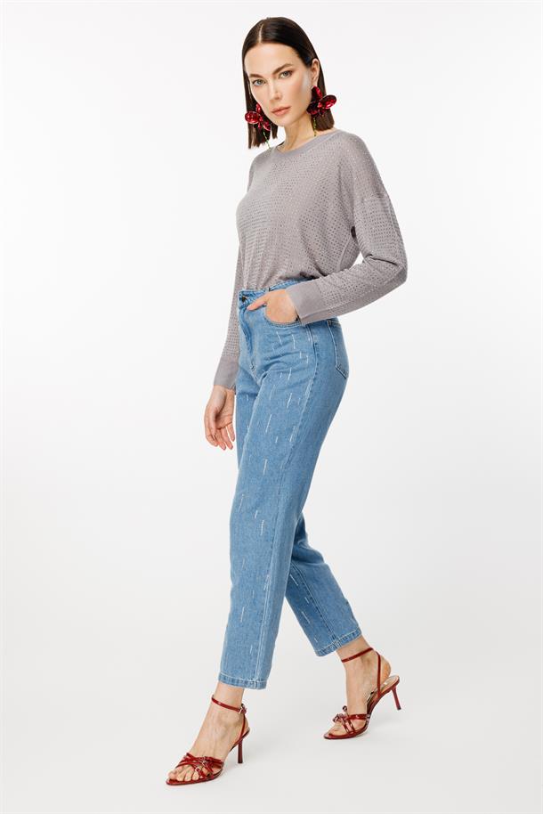 Rahat Kalıp Taş Baskılı Kot Pantolon-MAVİ