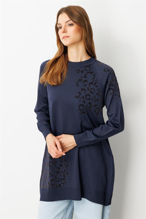 Reglan Kol Leopar Desenli Triko Tunik-LACI