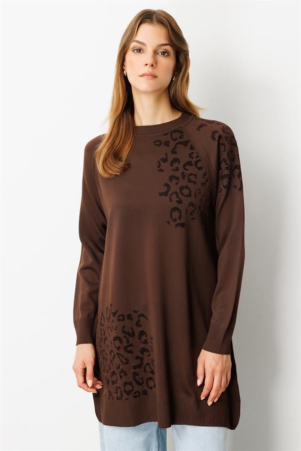 Reglan Kol Leopar Desenli Triko Tunik-KAHVE