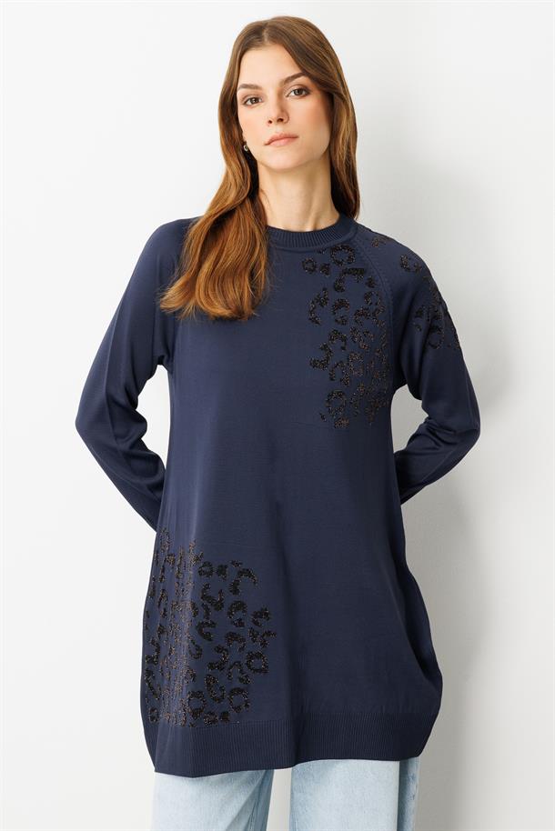 Reglan Kol Leopar Desenli Triko Tunik-LACI