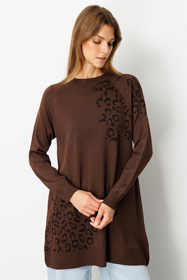 Reglan Kol Leopar Desenli Triko Tunik-KAHVE