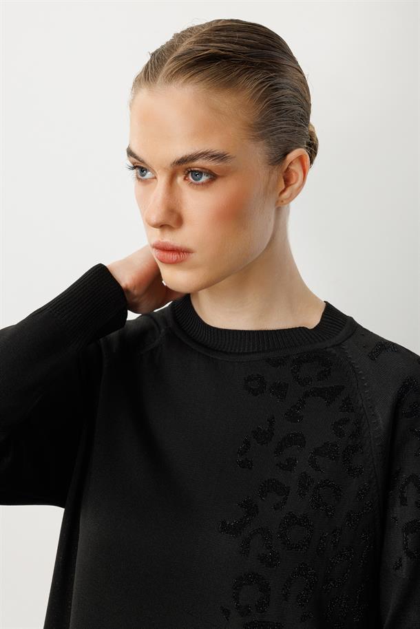 Reglan Kol Leopar Desenli Triko Tunik-SİYAH