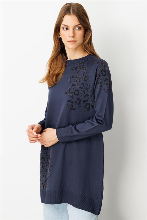 Reglan Kol Leopar Desenli Triko Tunik-LACI