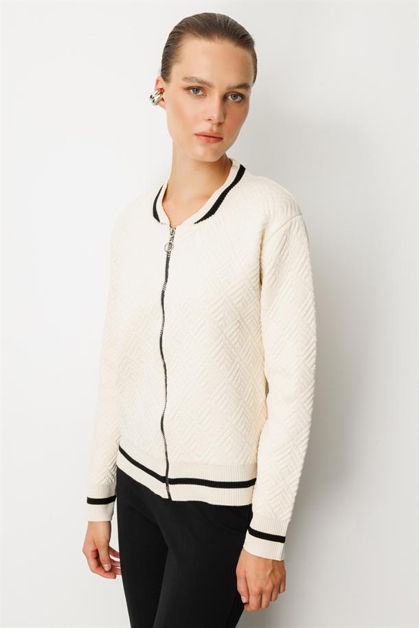 Ribana Detaylı Fermuarlı Triko Hırka-EKRU