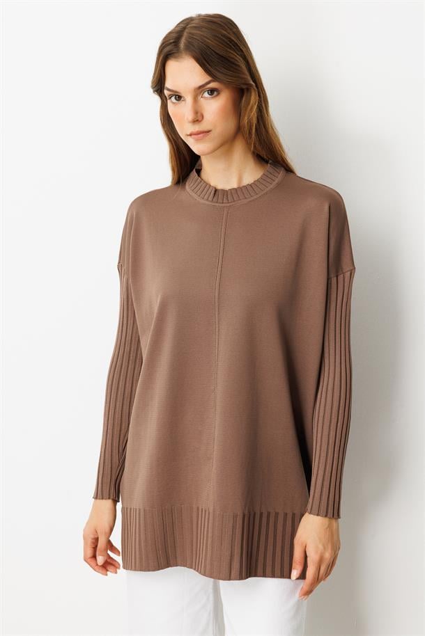 Ribana Detaylı Triko Tunik-MOKKA