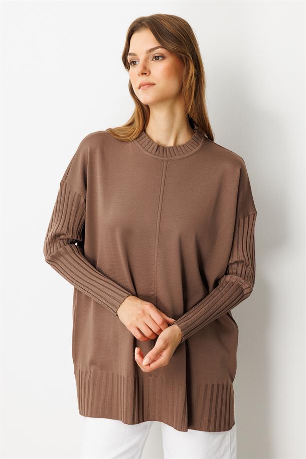 Ribana Detaylı Triko Tunik-MOKKA