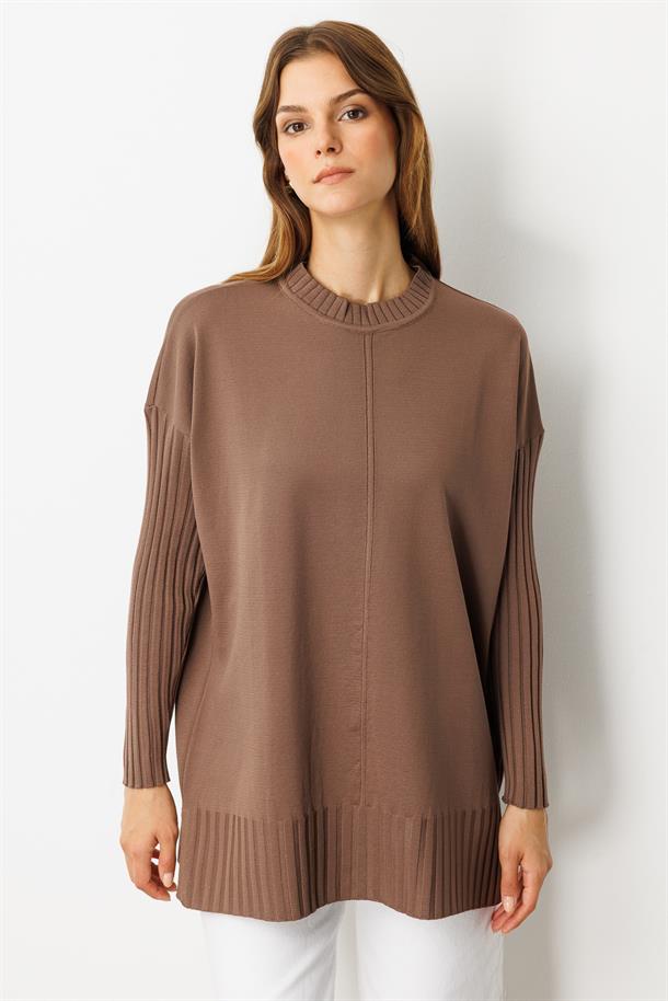 Ribana Detaylı Triko Tunik-MOKKA