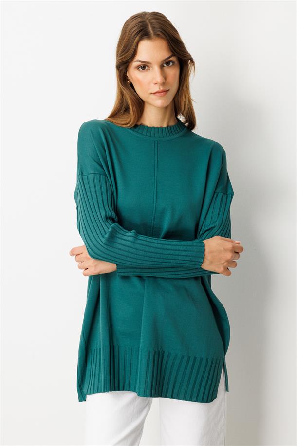 Ribana Detaylı Triko Tunik-ZÜMRÜT