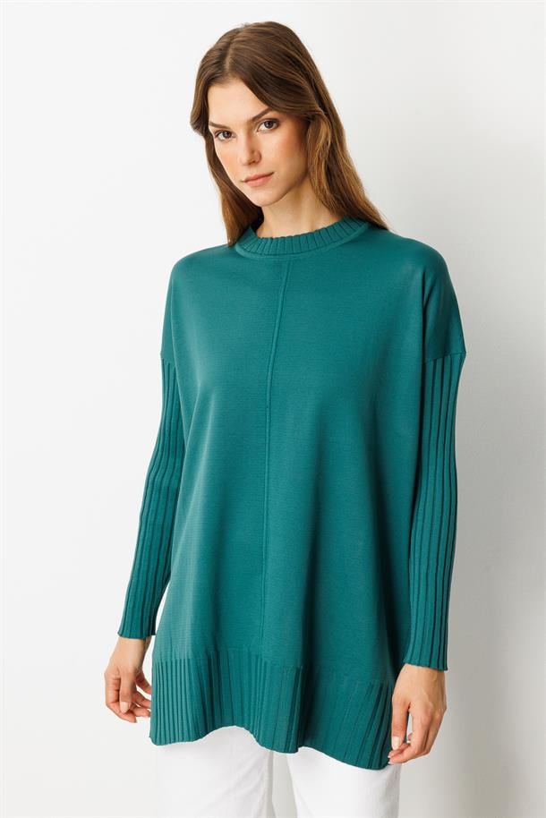 Ribana Detaylı Triko Tunik-ZÜMRÜT