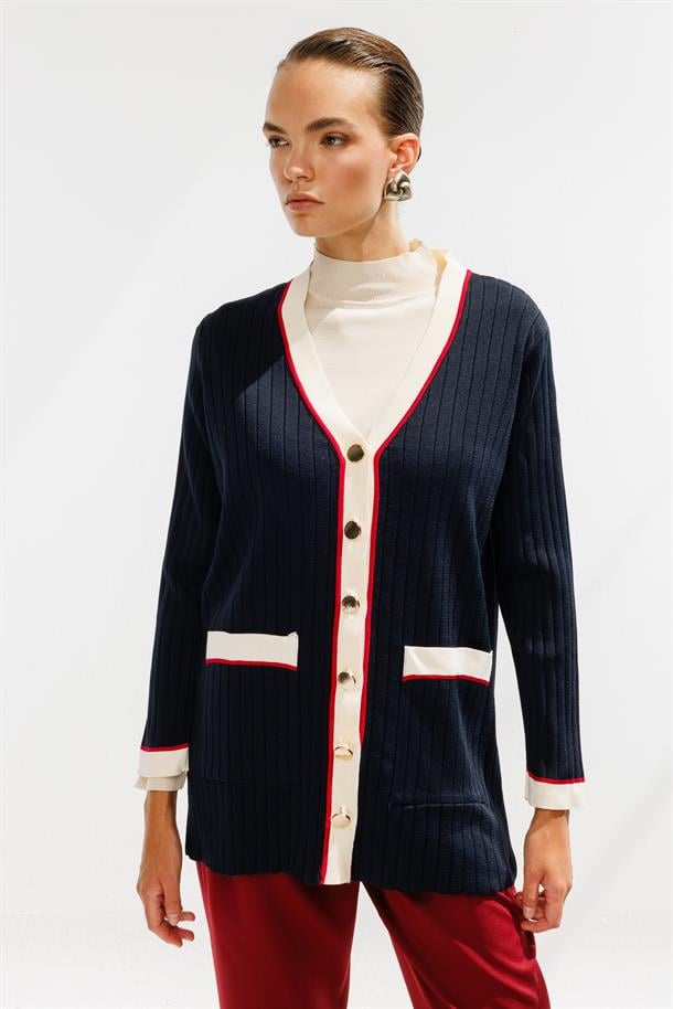 Ribanalı Cepli Düğmeli Triko Hırka-LACI