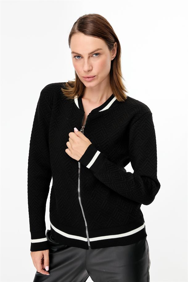 Ribana Detaylı Fermuarlı Triko Hırka-SİYAH