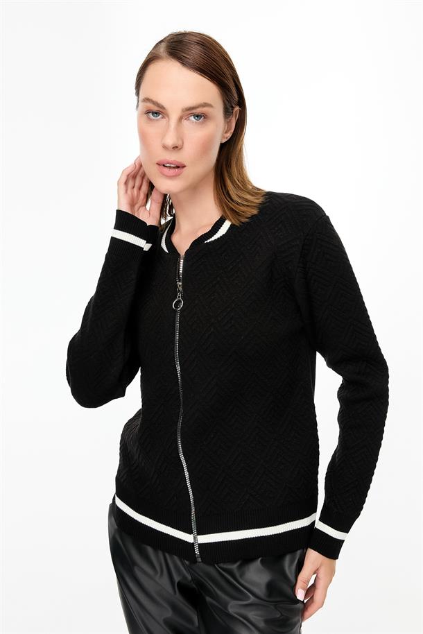 Ribana Detaylı Fermuarlı Triko Hırka-SİYAH