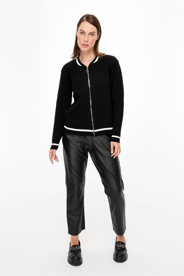 Ribana Detaylı Fermuarlı Triko Hırka-SİYAH