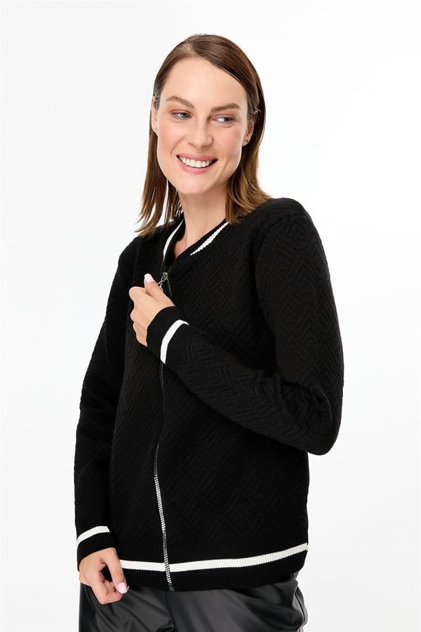 Ribana Detaylı Fermuarlı Triko Hırka-SİYAH