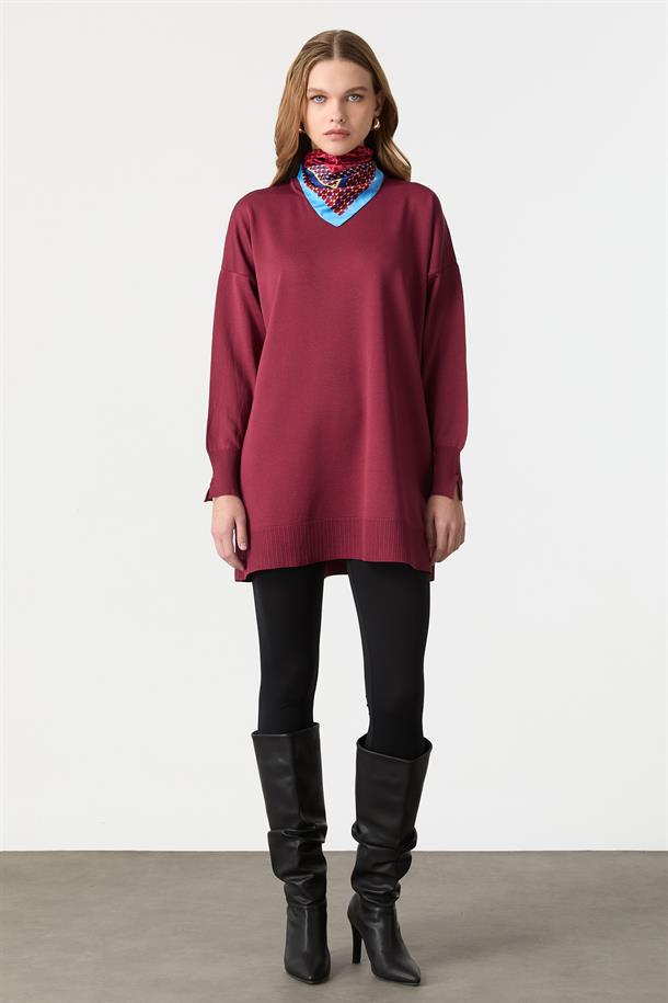Ribanalı Triko Tunik-BORDO