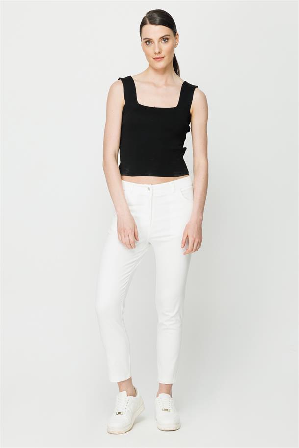Yüksek Bel Dar Paça Pamuklu Pantolon-EKRU