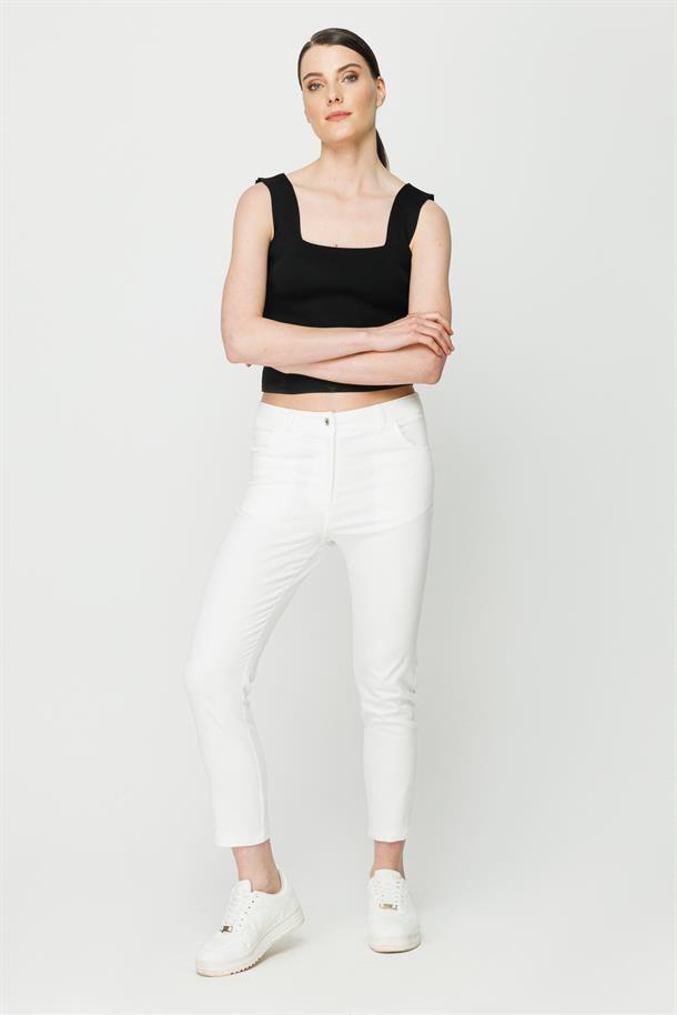 Yüksek Bel Dar Paça Pamuklu Pantolon-EKRU