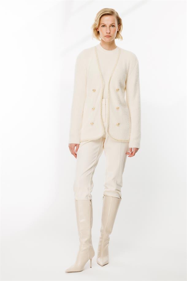 Saç Örgü Biye Düğme Detaylı Hırka-EKRU