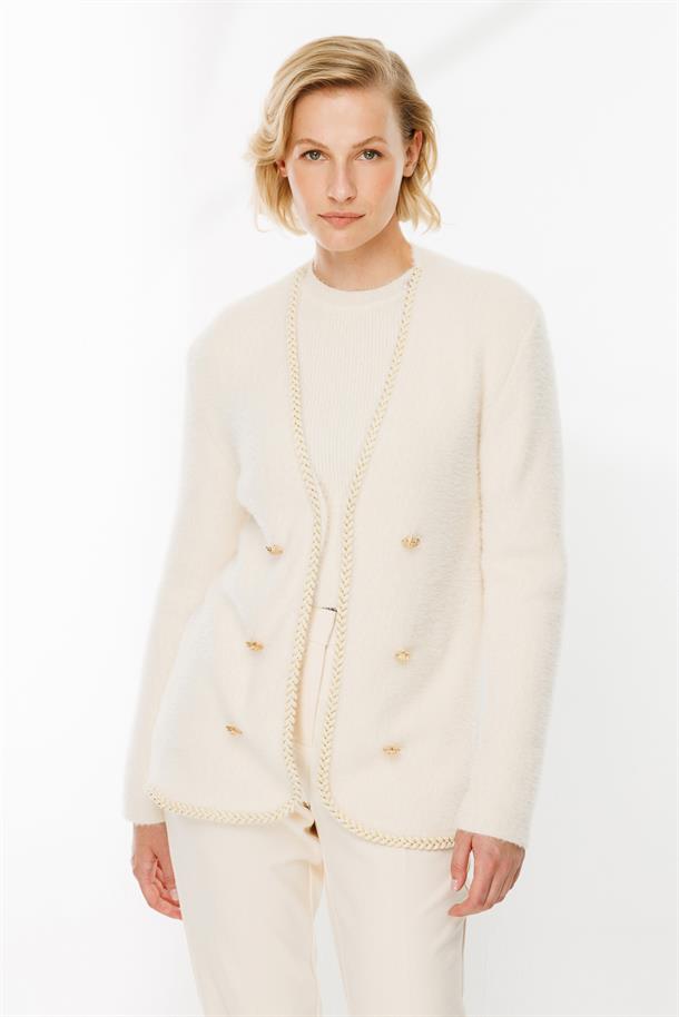 Saç Örgü Biye Düğme Detaylı Hırka-EKRU