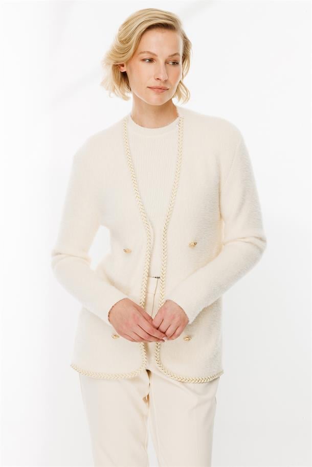 Saç Örgü Biye Düğme Detaylı Hırka-EKRU