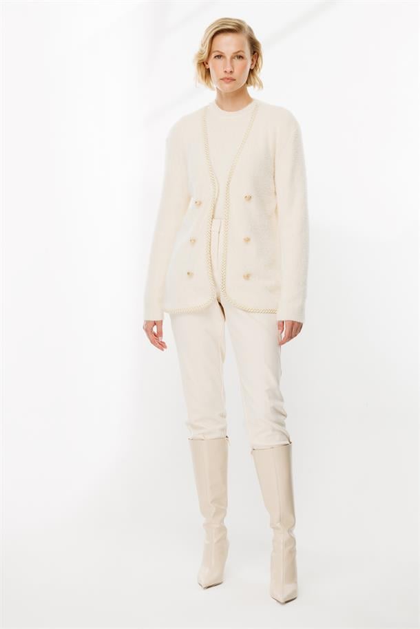 Saç Örgü Biye Düğme Detaylı Hırka-EKRU