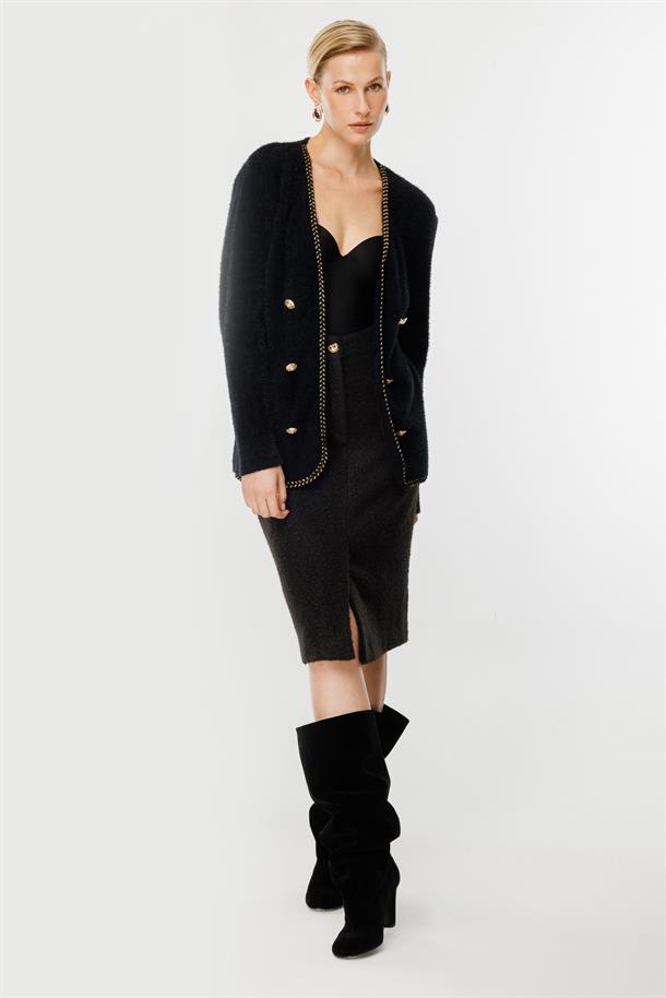 Saç Örgü Biye Düğme Detaylı Hırka-SİYAH