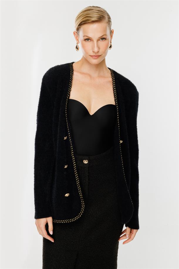 Saç Örgü Biye Düğme Detaylı Hırka-SİYAH