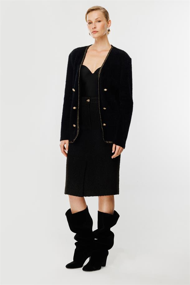 Saç Örgü Biye Düğme Detaylı Hırka-SİYAH