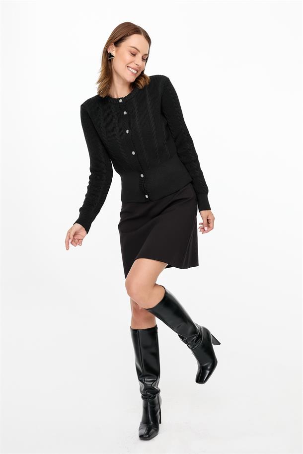 Saç Örgü Desenli Triko Hırka-SİYAH