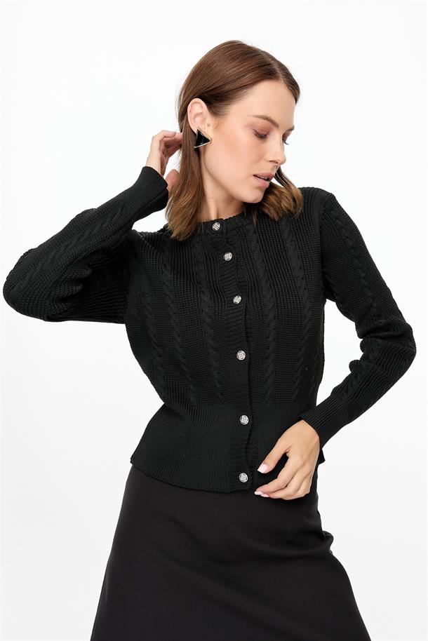 Saç Örgü Desenli Triko Hırka-SİYAH