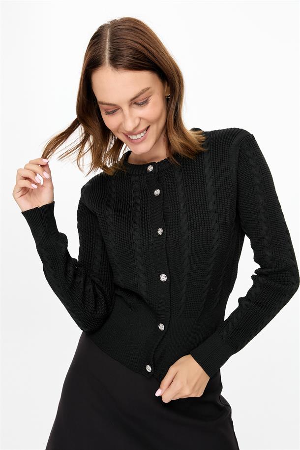 Saç Örgü Desenli Triko Hırka-SİYAH