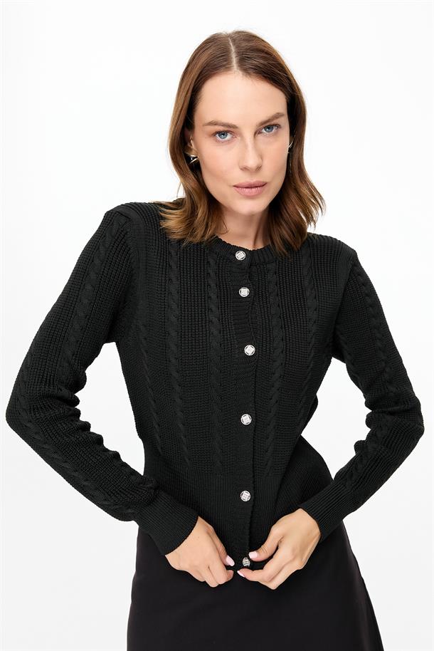 Saç Örgü Desenli Triko Hırka-SİYAH