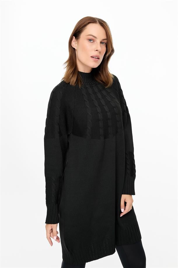 Saç Örgü Kombinli Triko Tunik-SİYAH