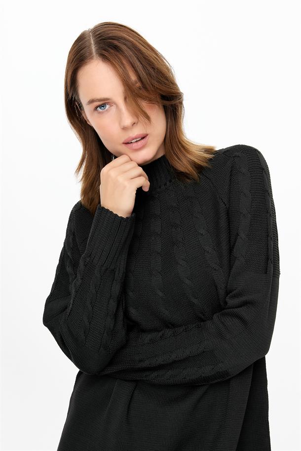 Saç Örgü Kombinli Triko Tunik-SİYAH