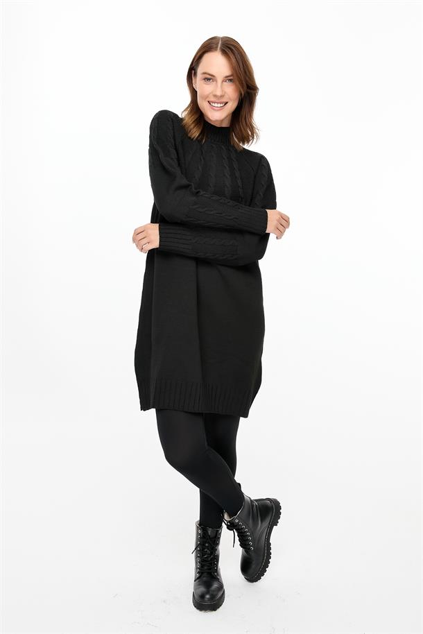 Saç Örgü Kombinli Triko Tunik-SİYAH