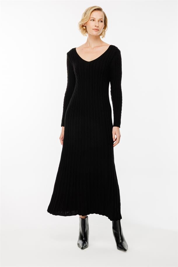 Saç Örgü V Yaka Triko Elbise-SİYAH