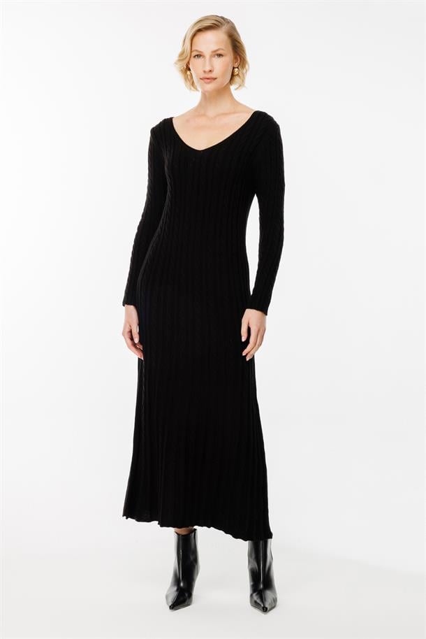 Saç Örgü V Yaka Triko Elbise-SİYAH