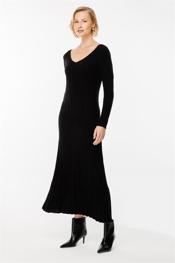 Saç Örgü V Yaka Triko Elbise-SİYAH