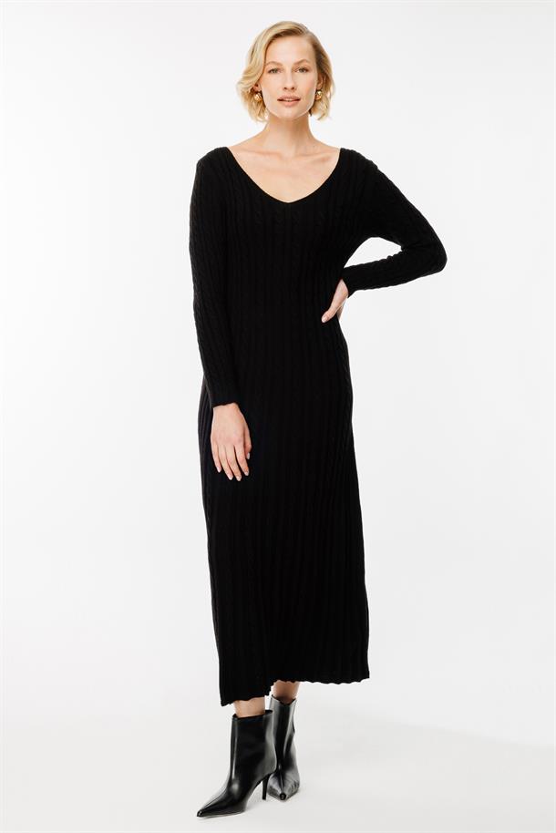 Saç Örgü V Yaka Triko Elbise-SİYAH