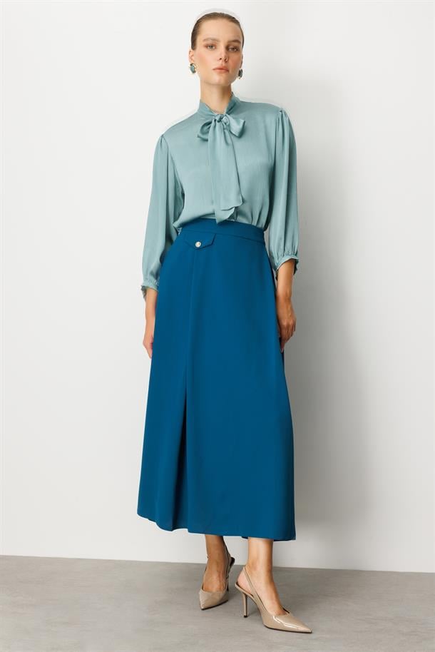 Sahte Cep Detaylı Krep Etek-PETROL