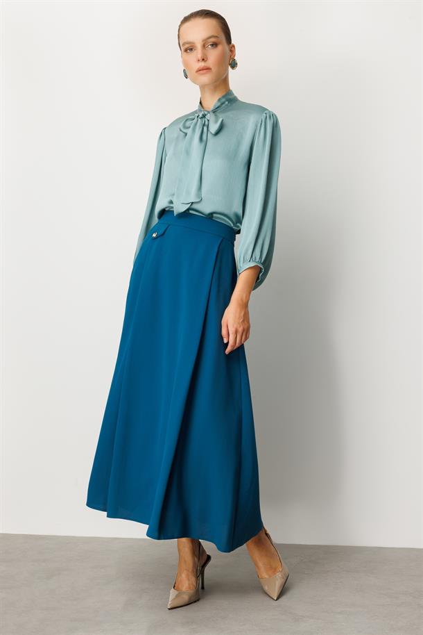 Sahte Cep Detaylı Krep Etek-PETROL