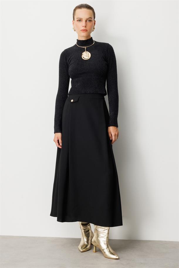 Sahte Cep Detaylı Krep Etek-SİYAH