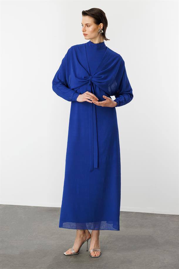 Şal Detaylı Uzun Şifon Elbise-SAX