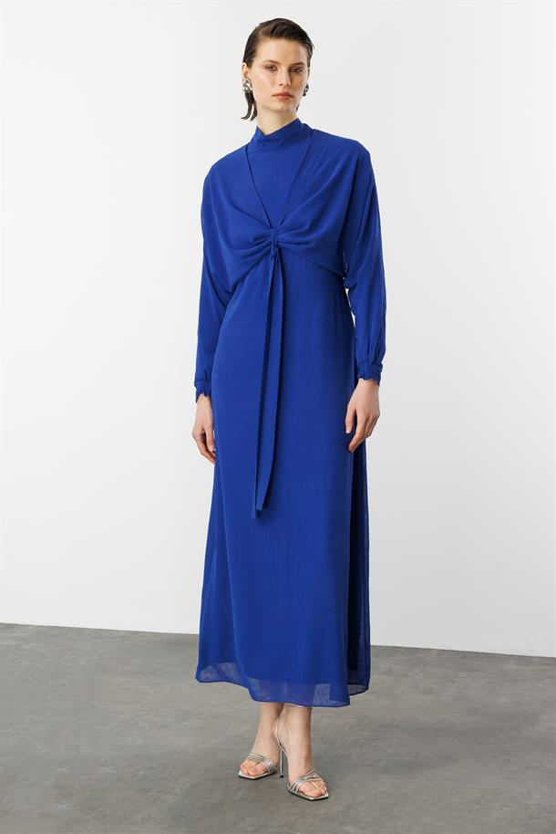 Şal Detaylı Uzun Şifon Elbise-SAX