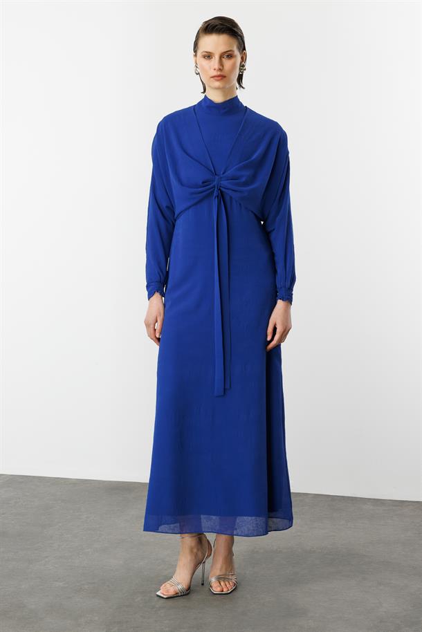 Şal Detaylı Uzun Şifon Elbise-SAX