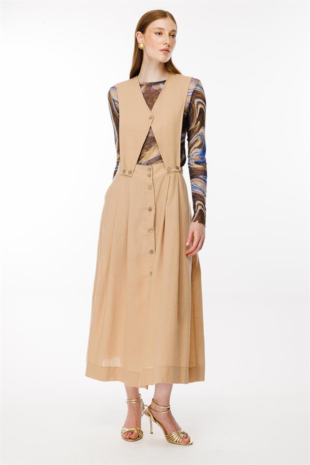 Salopet Görünümlü Keten Elbise-CAMEL