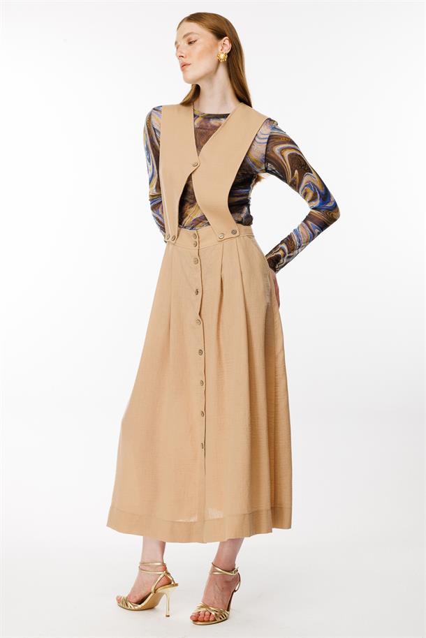 Salopet Görünümlü Keten Elbise-CAMEL