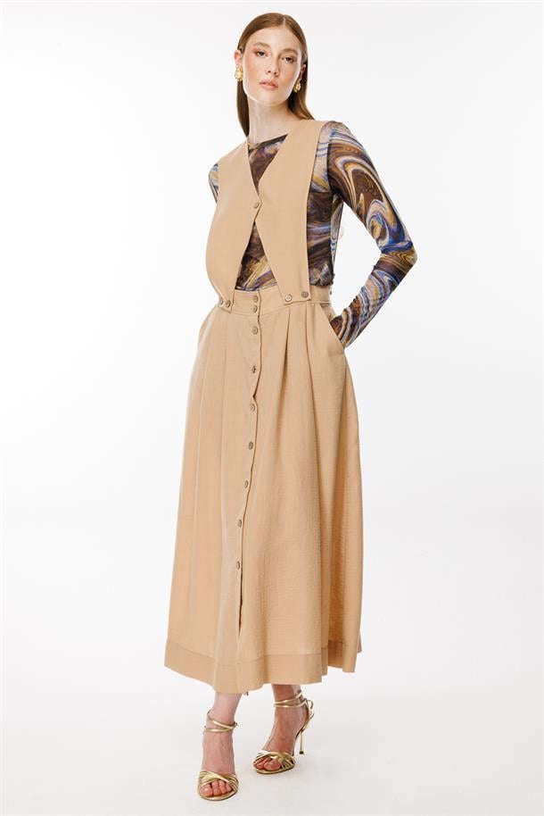 Salopet Görünümlü Keten Elbise-CAMEL