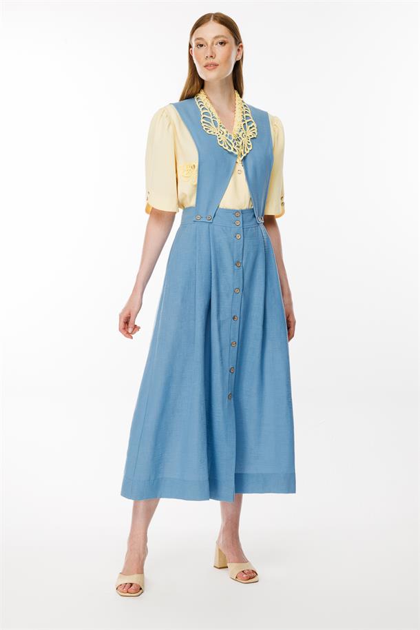 Salopet Görünümlü Keten Elbise-MAVİ
