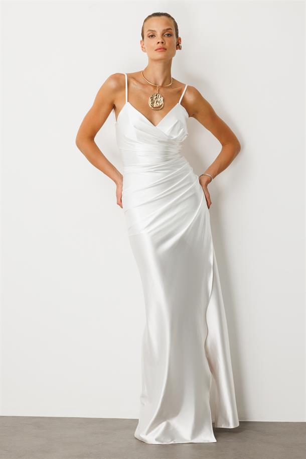 Saten Görünüm Kruvaze Abiye Elbise-EKRU